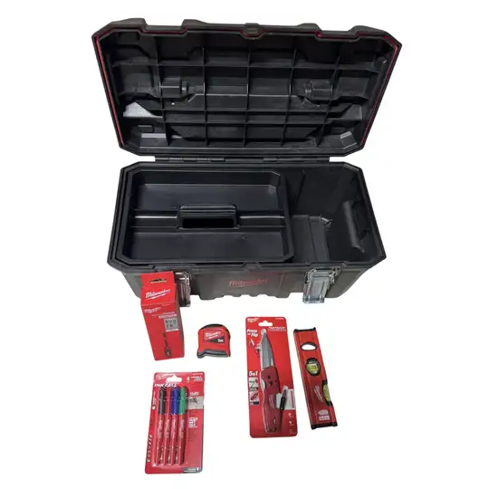 Zestaw narzędzi i akcesoriów: poziomica, wkrętak, markery, miara i nóż, MILWAUKEE [4932502134]