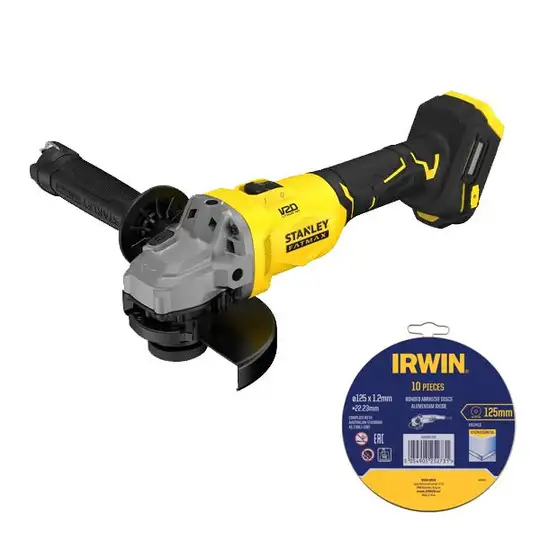 akumulatorowa szlifierka kątowa 125mm, 18V, FATMAX V20, Stanley [SFMCG710B-XJ-IW8082106] + 10szt. tarcz do metalu