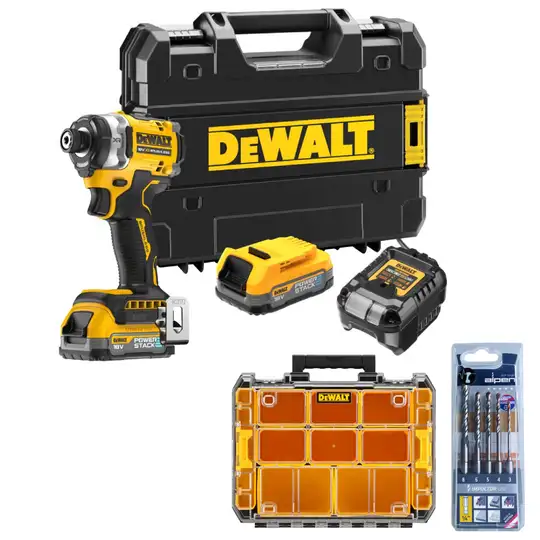 akumulatorowa zakrętarka udarowa 1/4", 2x1,7Ah, 18V XR, POWERSTACK, DeWalt [DCF860E2T-QW] + oragnizer i wiertła gratis