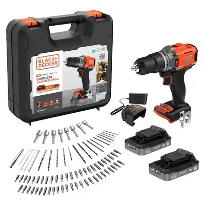 wiertarko-wkrętarka udarowa akumulatorowa, 45Nm, 18V POWERCONNECT, 2x2,0Ah, Black+Decker [BCD383D2XKA-QW] + akcesoria