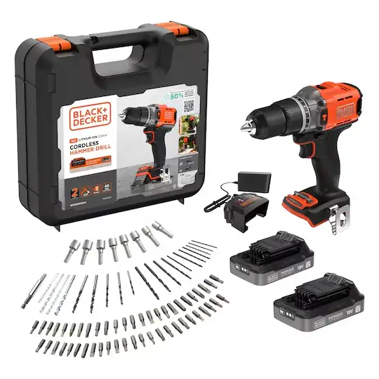 wiertarko-wkrętarka udarowa akumulatorowa, 45Nm, 18V POWERCONNECT, 2x2,0Ah, Black+Decker [BCD383D2XKA-QW] + akcesoria