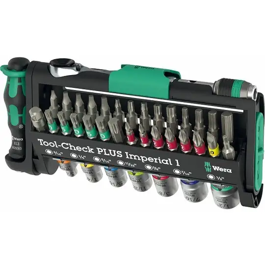 zestaw końcówek i nasadek 1/4" z grzechotką i rękojeścią wkrętakową, 39szt. Tool-Check PLUS Imperial 1, Wera [05049060001]