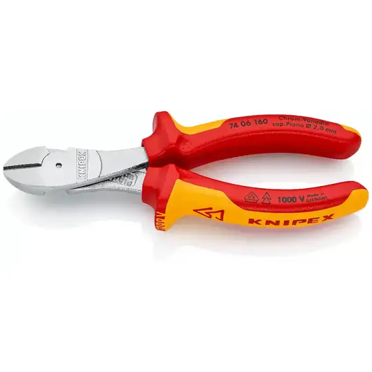 obcinak boczny chromowany o zwiększonym przełożeniu w izolacji VDE 160mm, do prac pod napięciem do 1000V, KNIPEX [74 06 160]