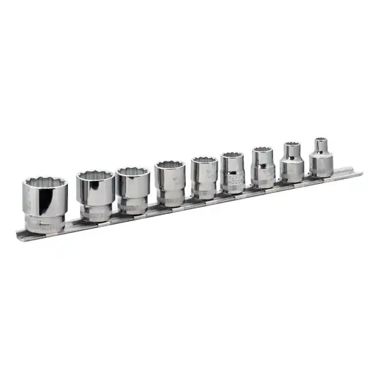 zestaw 9szt. ręcznych nasadek dwunastokątnych, cienkościennych, 3/8" na listwie, 7-22 mm, Bahco [7409MB]