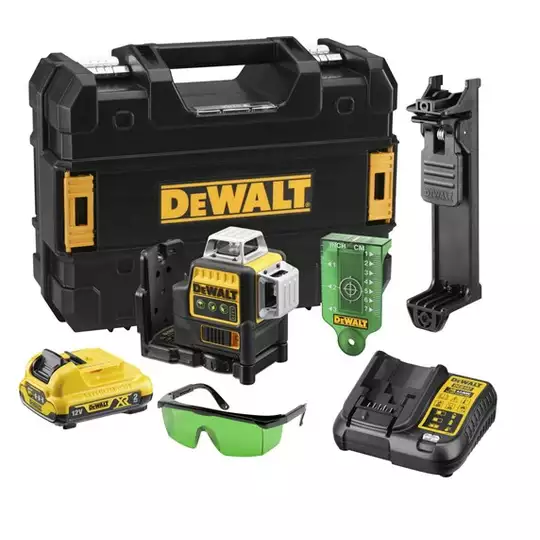 akumulatorowy, samopoziomujący laser 3-wiązkowy 360° z wiązką zieloną do 30m, Li-Ion 10,8V Li-Ion 2,0Ah DeWALT [DCE089D1G]