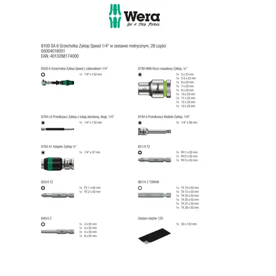 zestaw 28szt. kluczy nasadowych i końcówek 1/4", 5-13mm, Kraftform Kompakt 8100 SA 6 Zyklop Speed 2go Wera [05004016001]