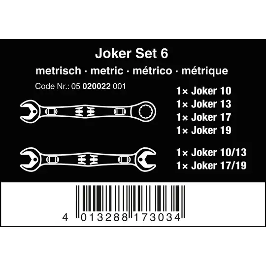zestaw 6szt. kluczy; 4szt. kluczy oczkowo-płaskich z grzechotką Joker 6000 + 2szt. kluczy dwustronnie płaskich Joker 6002, Wera  [05020022001]