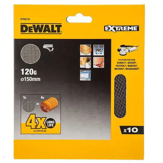 SIATKA SZLIFIERSKA EXTREME 150MM, GRANULACJA 120, 10SZT. DEWALT [DTM3135-QZ]