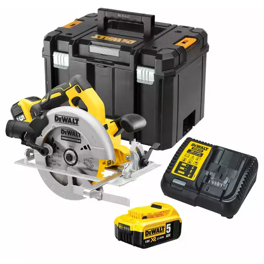 akumulatorowa bezszczotkowa pilarka tarczowa 184mm, 18V Li-lon 2x5,0Ah DeWALT [DCS570P2] + gratis 2 stalowe ściski śrubowe