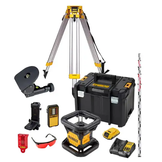 akumulatorowy laser obrotowy 45/450m z wiązką czerwoną + statyw aluminiowy, 18V, 2.0Ah, DEWALT [DCK374D1R-QW]
