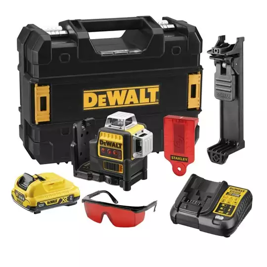 akumulatorowy, samopoziomujący laser 3-wiązkowy 360° z wiązką czerwoną do 15m, 10,8V Li-Ion 2,0Ah DeWALT [DCE089D1R]