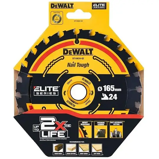 piła tarczowa do cięcia drewna 165x20x1,65mm, 24 zęby, Nail Tough, DeWALT [DT10624-QZ]
