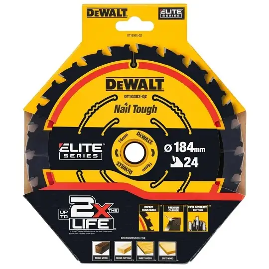 piła tarczowa do cięcia drewna 184x16x1,65mm, 24 zęby, Nail Tough, DeWALT [DT10302-QZ]