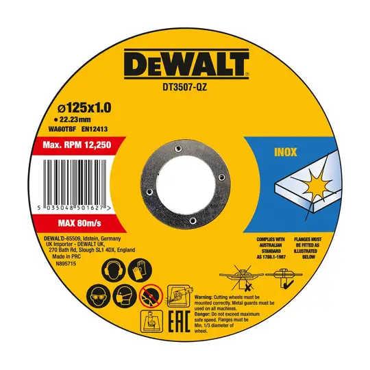 tarcza do cięcia stali nierdzewnej 125x22,23x1,0mm DeWalt [DT3507-QZ] 10szt.