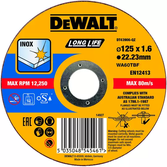 tarcza do cięcia stali nierdzewnej Inox 125mm o grubości 1,6mm Thin Long Life Cut DeWALT [DT43906]