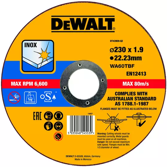 tarcza do cięcia stali nierdzewnej Inox 230mm o grubości 1,9mm Thin Cut DeWALT [DT43909]