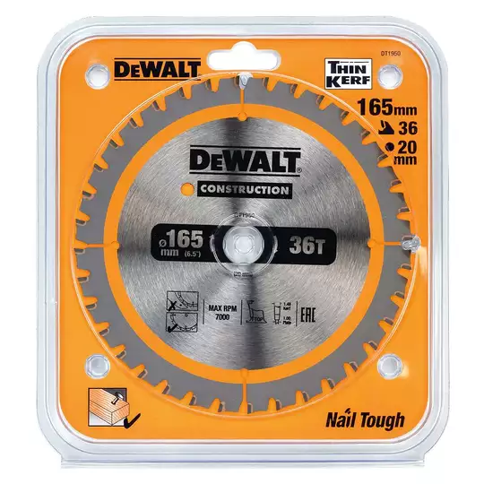 piła tarczowa do cięcia drewna 165/20mm, grubość cięcia 1,49mm, 40 zębów, CONSTRUCTION DeWALT [DT1950]