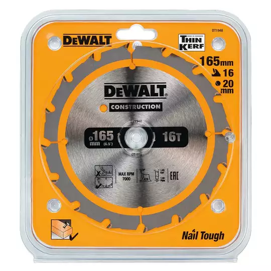 piła tarczowa do cięcia drewna 165/20mm, grubość cięcia 1,65mm, 16 zębów, CONSTRUCTION DeWALT [DT1948]