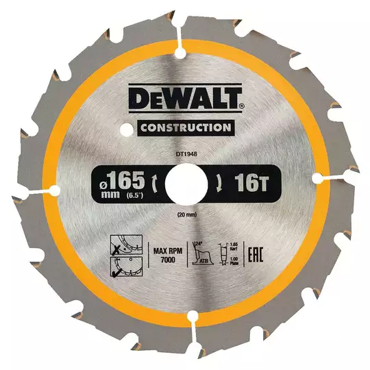 piła tarczowa do cięcia drewna 165/20mm, grubość cięcia 1,65mm, 16 zębów, CONSTRUCTION DeWALT [DT1948]