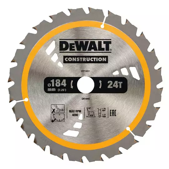 piła tarczowa do cięcia drewna 184/20mm, grubość cięcia 1,79mm, 24 zęby, CONSTRUCTION DeWALT [DT1951]