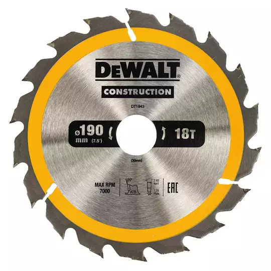 piła tarczowa do cięcia drewna 190/30mm, grubość cięcia 2,6mm, 18 zębów, CONSTRUCTION DeWALT [DT1943]