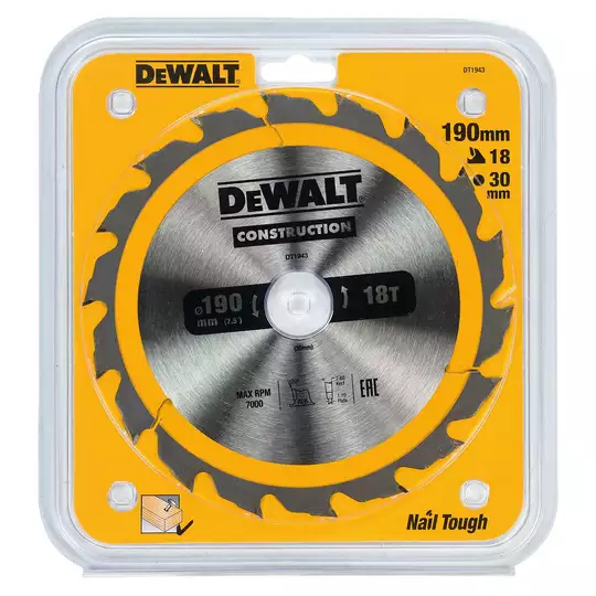 piła tarczowa do cięcia drewna 190/30mm, grubość cięcia 2,6mm, 18 zębów, CONSTRUCTION DeWALT [DT1943]