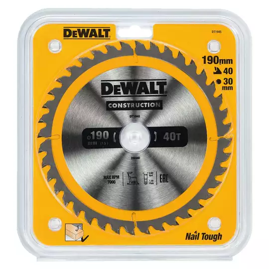 piła tarczowa do cięcia drewna 190/30mm, grubość cięcia 2,6mm, 40 zębów, CONSTRUCTION DeWALT [DT1945]