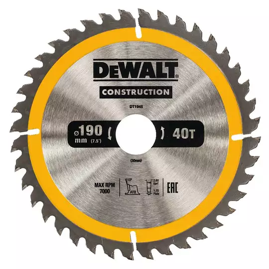 piła tarczowa do cięcia drewna 190/30mm, grubość cięcia 2,6mm, 40 zębów, CONSTRUCTION DeWALT [DT1945]