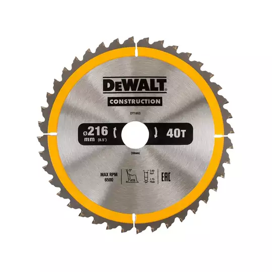 piła tarczowa do cięcia drewna 216/30mm, grubość cięcia 2,6mm, 40 zębów, CONSTRUCTION DeWALT [DT1953]