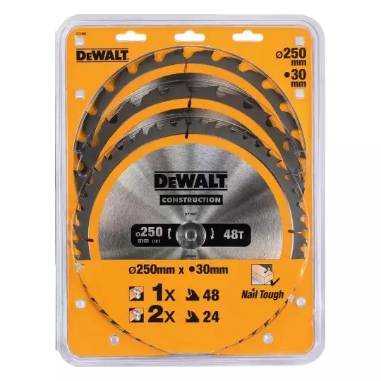 zestaw 3 sztuk tarcz pilarskich do drewna 250/30mm, serii CONSTRUCTION DeWALT [DT1963]