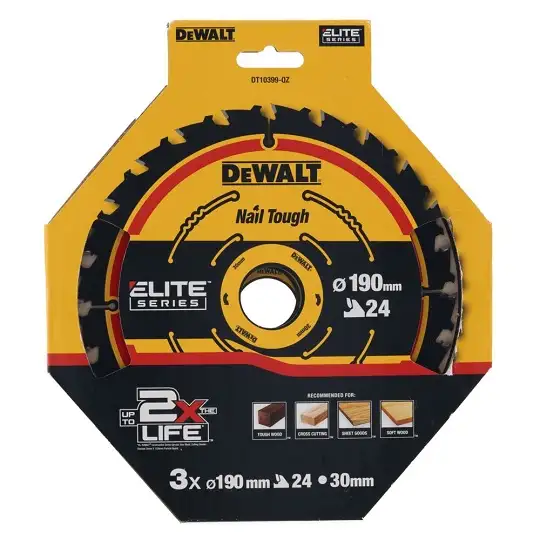 zestaw 3szt. pił tarczowych do cięcia drewna 190x30x1,65mm, 24 zęby, Nail Tough, DeWALT [DT10399-QZ]