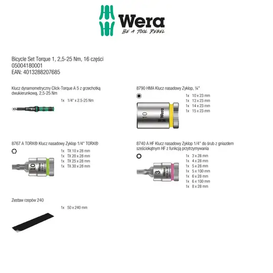zestaw serwisowy narzędzi rowerowych 16szt. z kluczem dynamometrycznym 2,5-25Nm i nasadkami 1/4", Bicycle Set Torque 1, 2go Wera [05004180001]