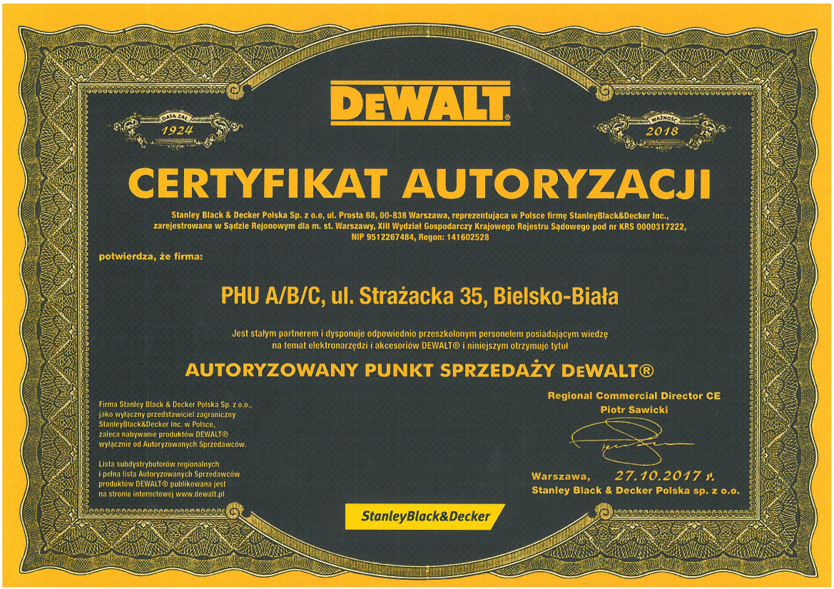 Certyfikowany punkt sprzedaży DeWalt - ABC